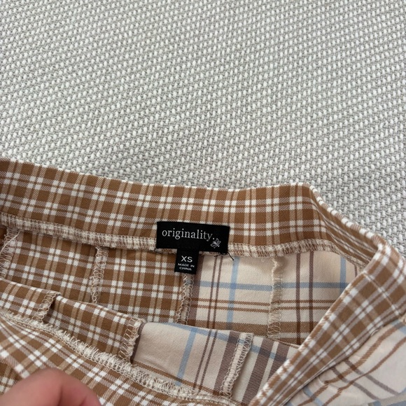 Originality Tan White Blue Plaid Gingham Colorblock Pleated Flare Mini Skirt Xs - Picture 4 of 6